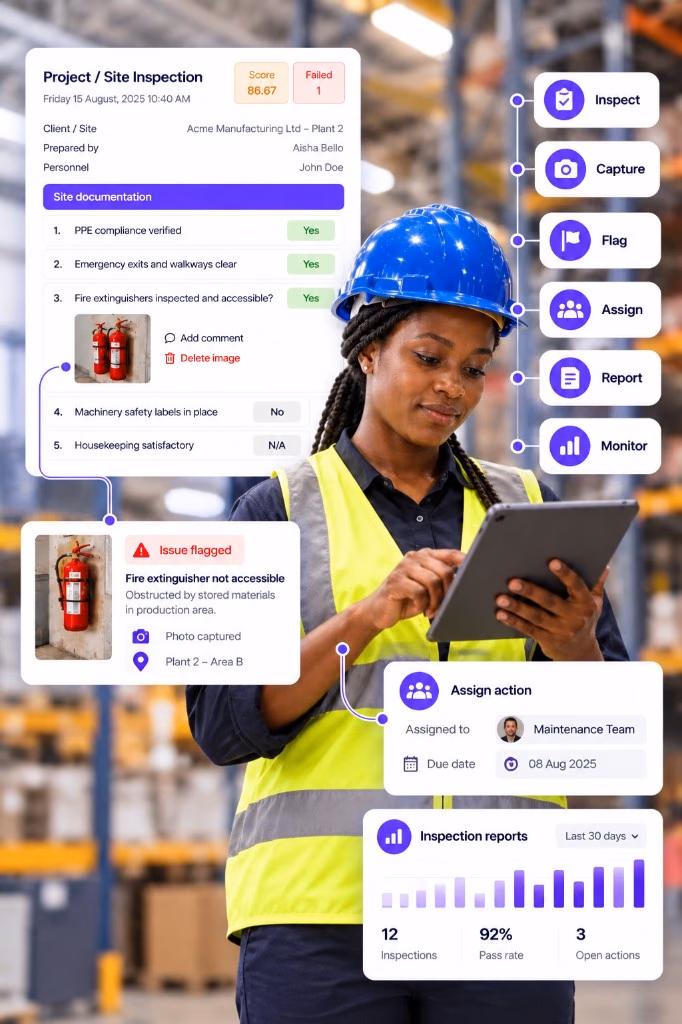 Inspector completing a warehouse site check on a tablet, with the AuditDAT form, a flagged photo, an assigned action and the report