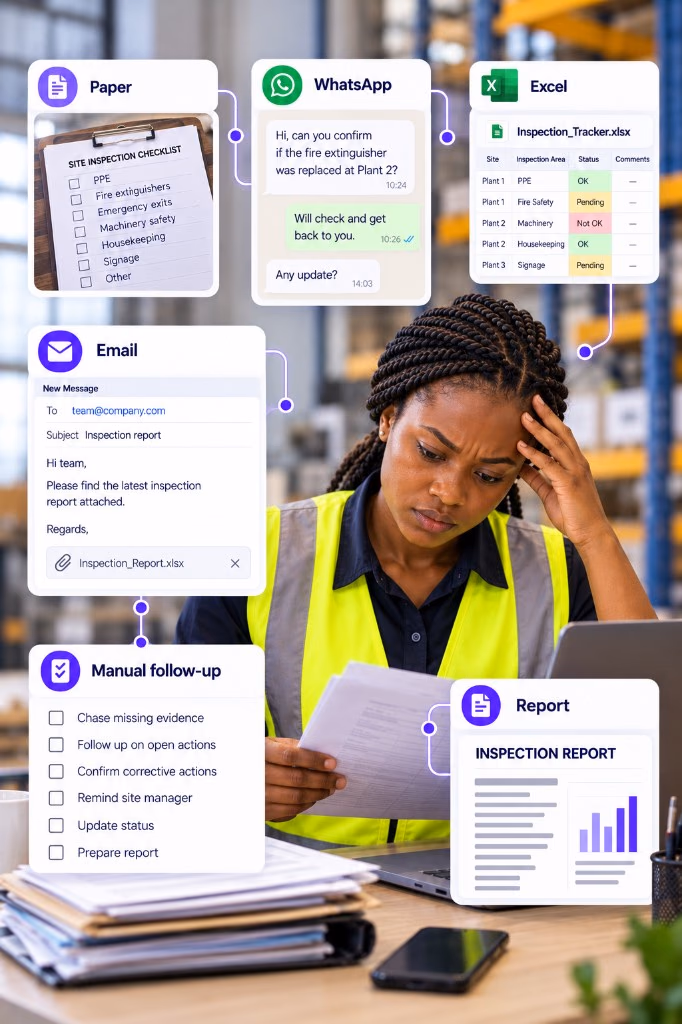 Inspector sorting paper, WhatsApp, Excel, email and a manual follow-up list for the same site check