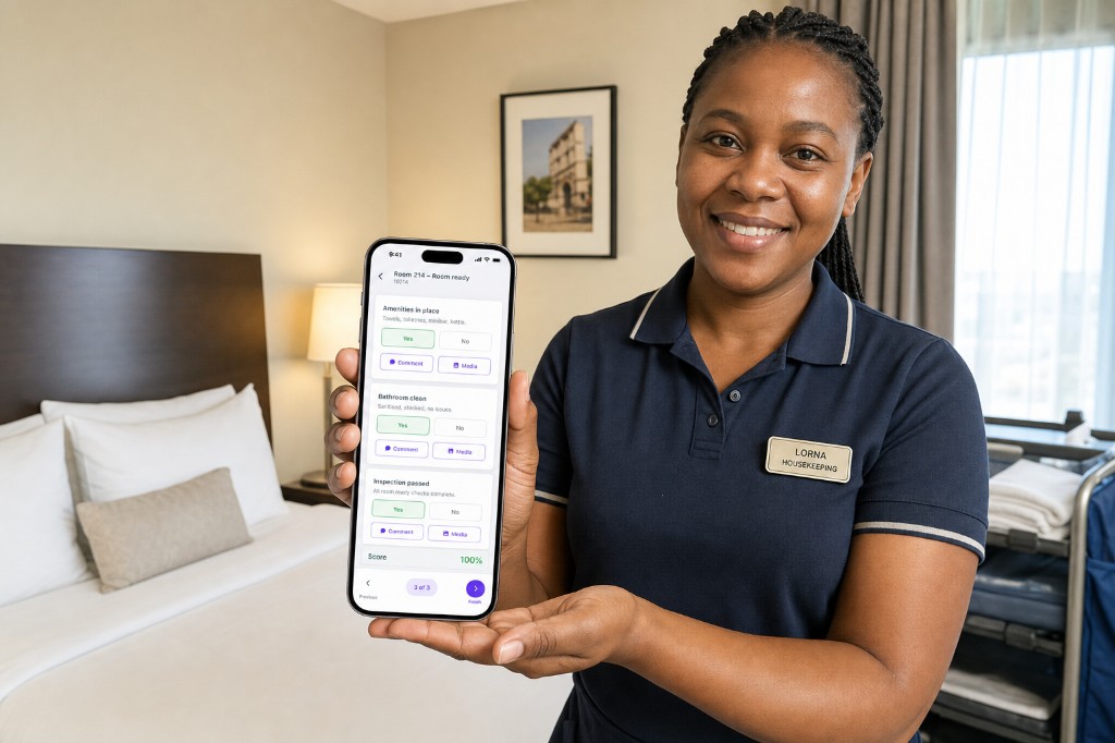 Housekeeper completing a room-ready check on a phone in a guest room