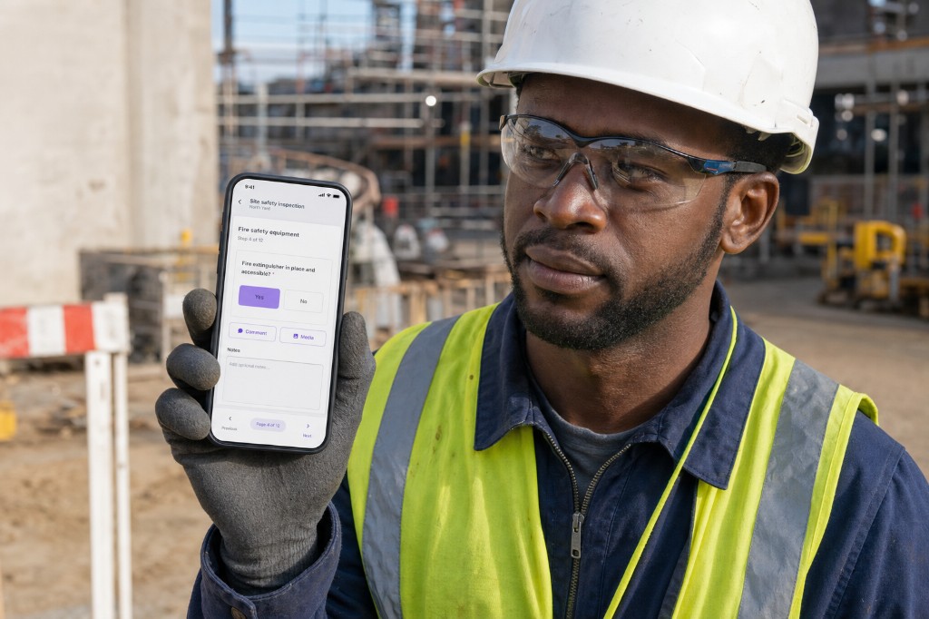 HSE officer completing a fire safety inspection on a phone at a construction site