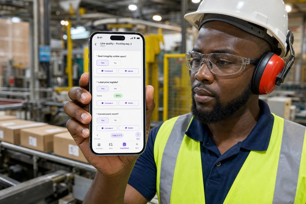QA inspector completing a packing-bay line quality check on a phone
