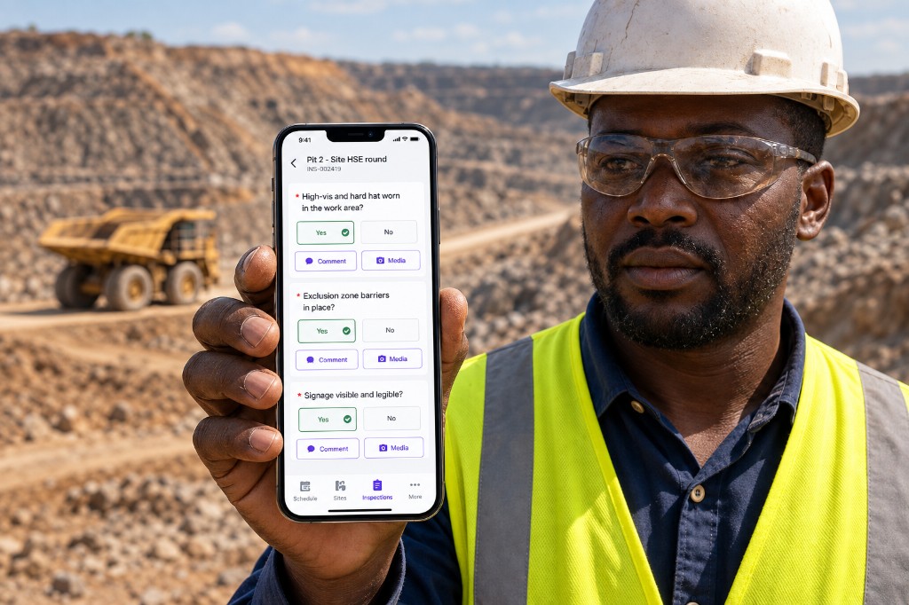 Mine supervisor completing a pit HSE round on a phone at an open pit