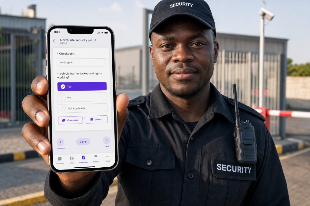 Security officer completing a north-gate patrol checkpoint on a phone