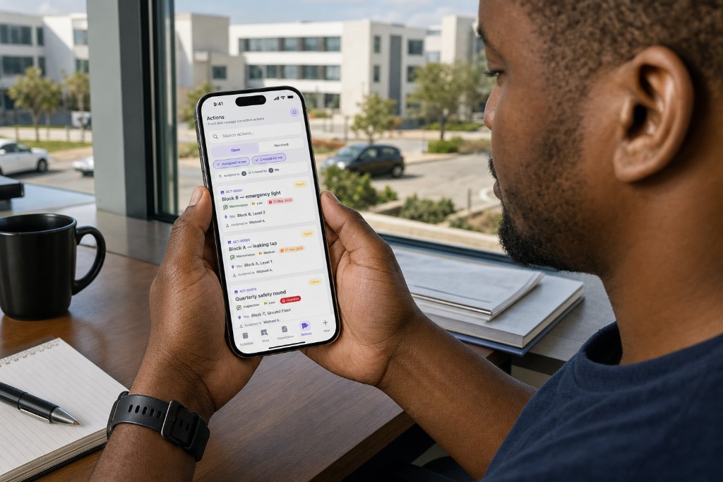 Facilities manager reviewing open job cards across buildings on a phone