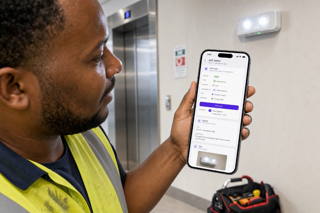 Contractor closing an emergency-light job card on a phone