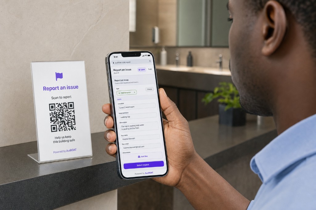 Occupant reporting a leaking tap from a washroom QR on a phone