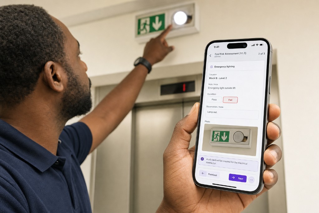 Technician recording a failed emergency light on a phone outside a lift