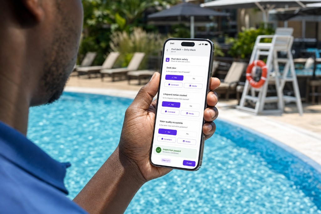Attendant completing a pool-deck check on a phone