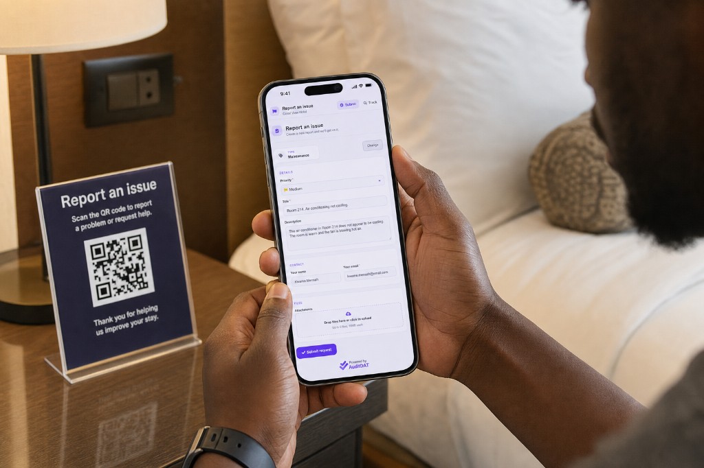 Guest reporting an air-conditioning fault from a room QR on a phone