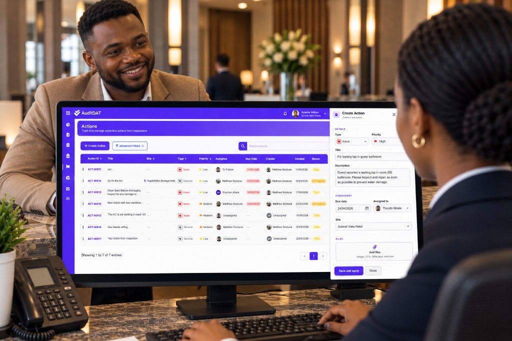 Reception staff reviewing open job cards on a monitor at the front desk