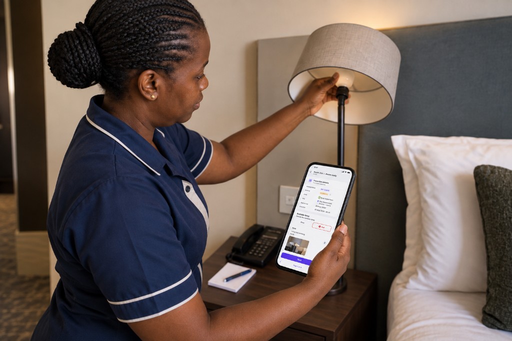 Housekeeper recording a failed bedside lamp on a phone during a room inspection