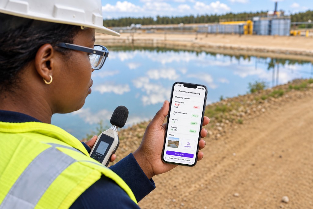 HSE officer recording environmental monitoring readings on a phone beside a settlement pond