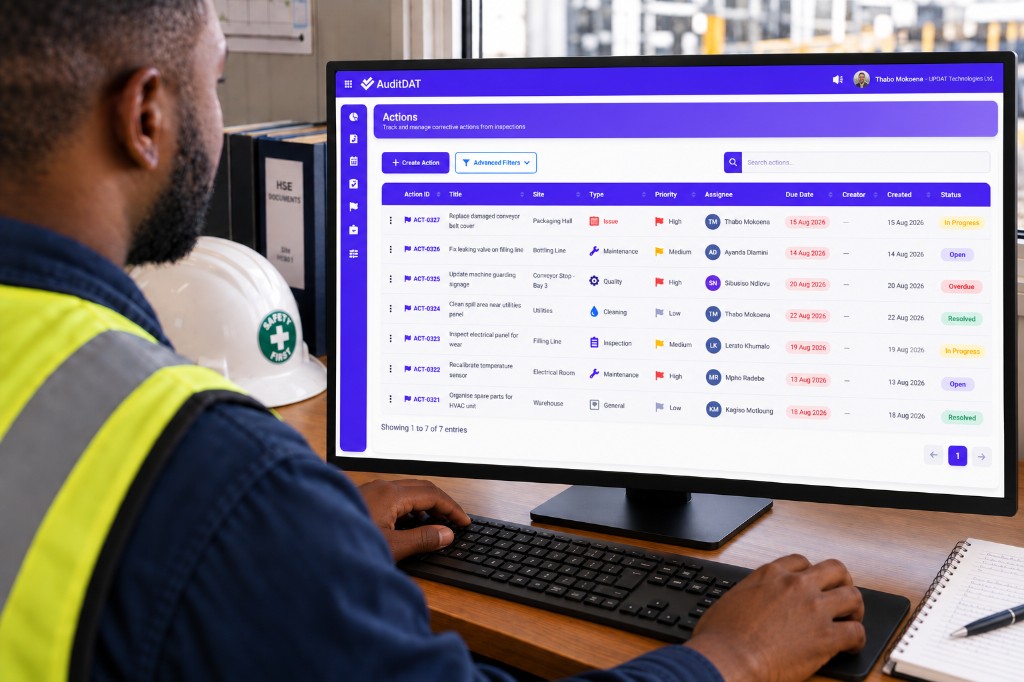 HSE officer reviewing open job cards on the AuditDAT actions screen at an office desk