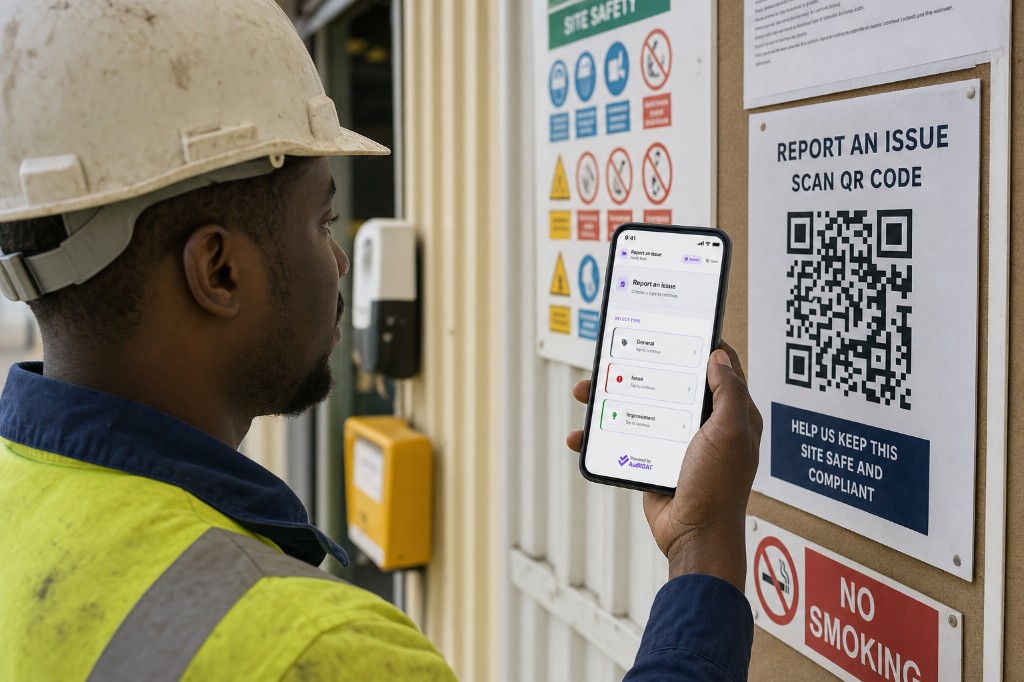Worker reporting a near miss from a site safety board QR on a phone
