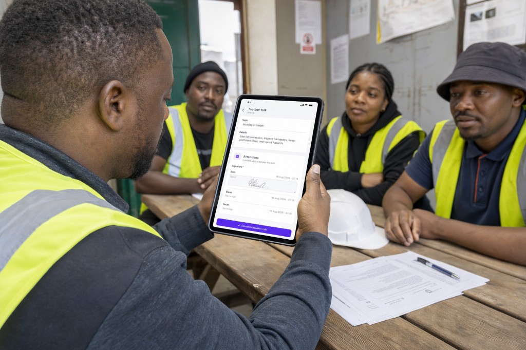 Supervisor recording toolbox talk attendance and signatures on a tablet