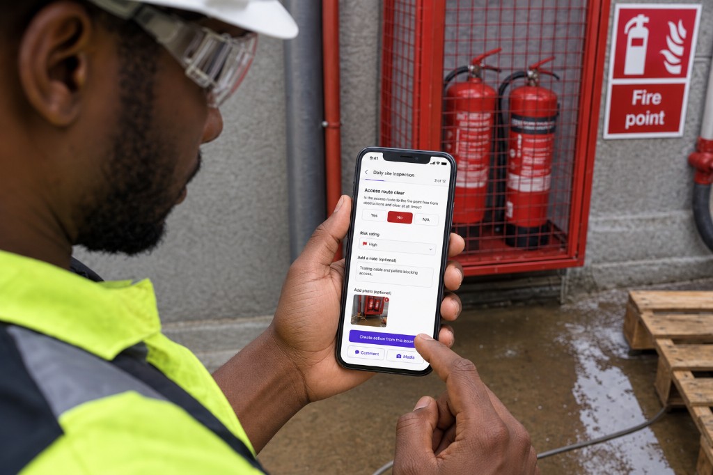HSE officer completing a site inspection on a phone beside a fire point