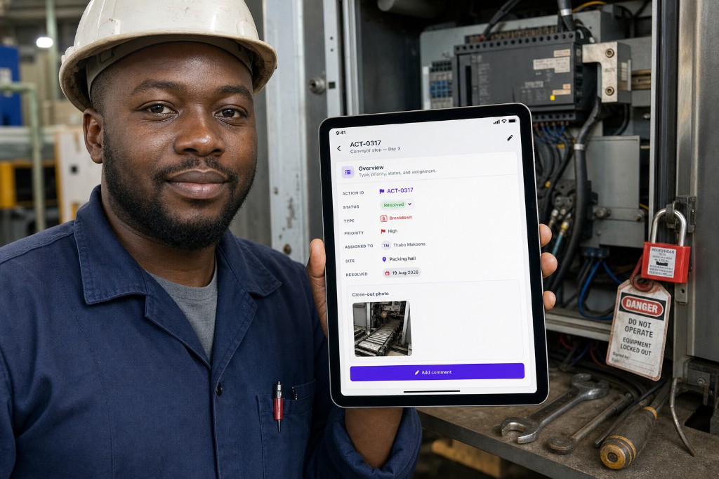 Maintenance technician closing a job card on a tablet beside an open machine cabinet