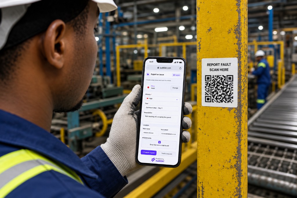 Operator reporting a conveyor fault from a machine QR on a phone with no AuditDAT account