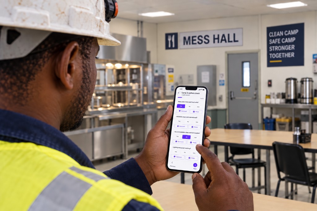Camp supervisor completing a mess hall welfare check on a phone