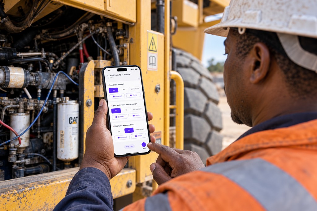 Plant operator completing a haul-truck pre-start check at the engine bay