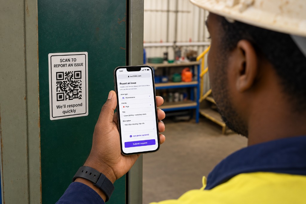 Mine worker reporting a hazard from a workshop QR on a phone with no AuditDAT account