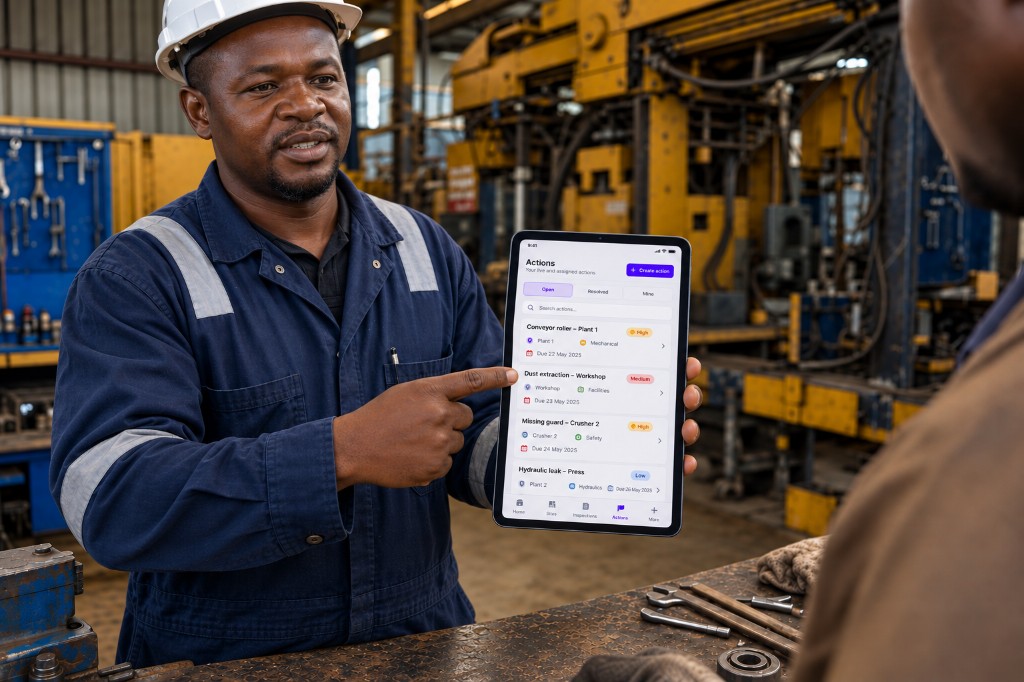 Workshop supervisor showing open job cards on a tablet