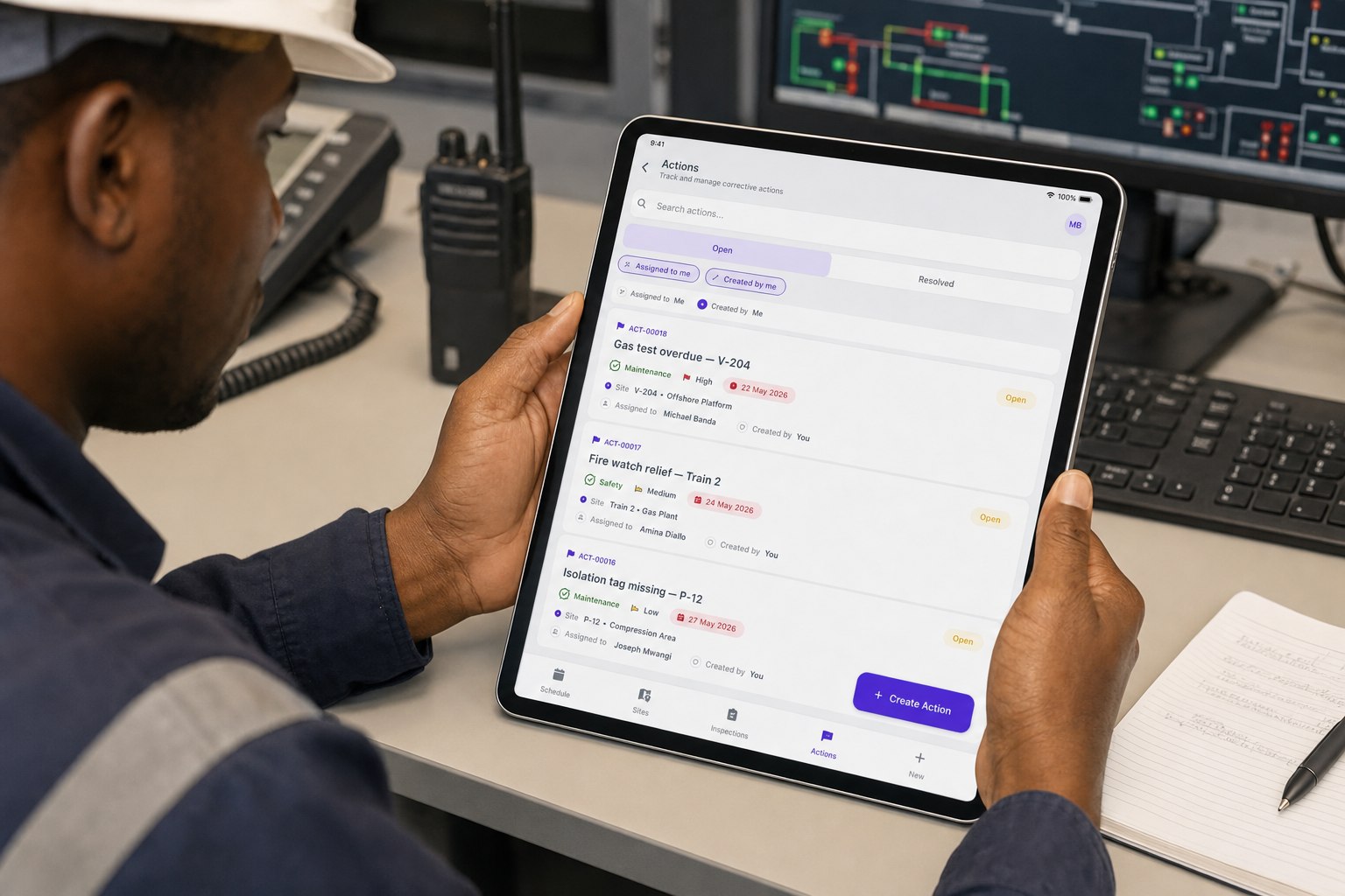 Control room operator reviewing open job cards on a tablet