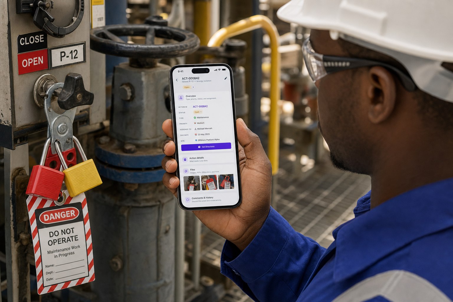 Technician opening the P-12 isolation job card on a phone