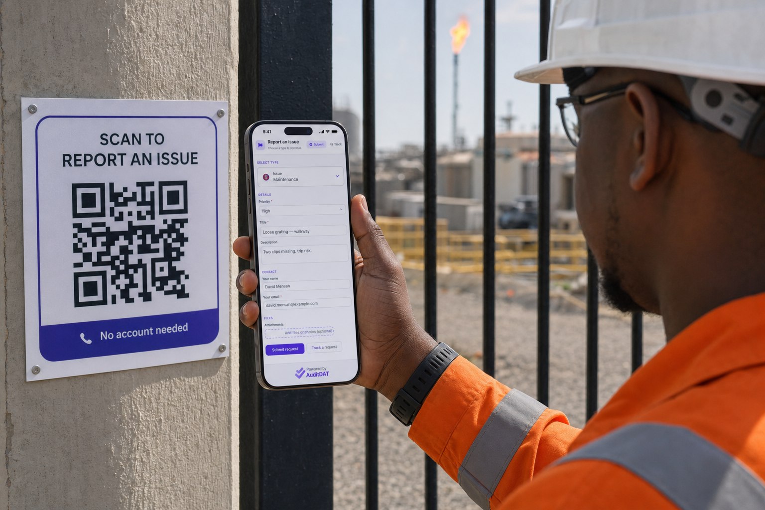 Visitor reporting an issue from a gate QR with no AuditDAT account