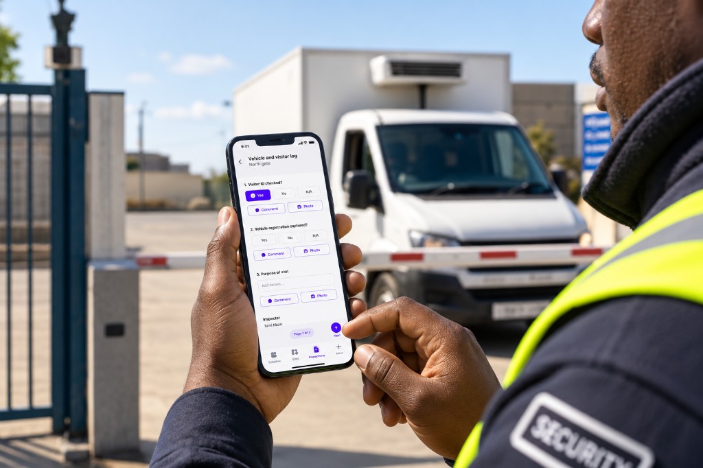 Gate officer logging a visitor and vehicle check on a phone at the north gate