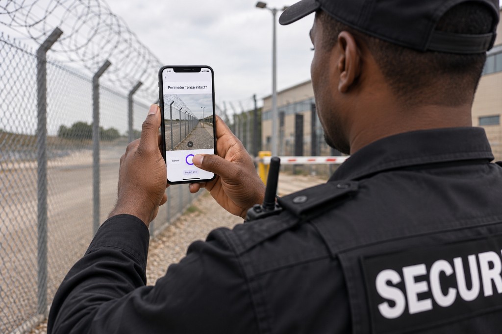Security officer photographing a perimeter fence checkpoint on a phone during a patrol
