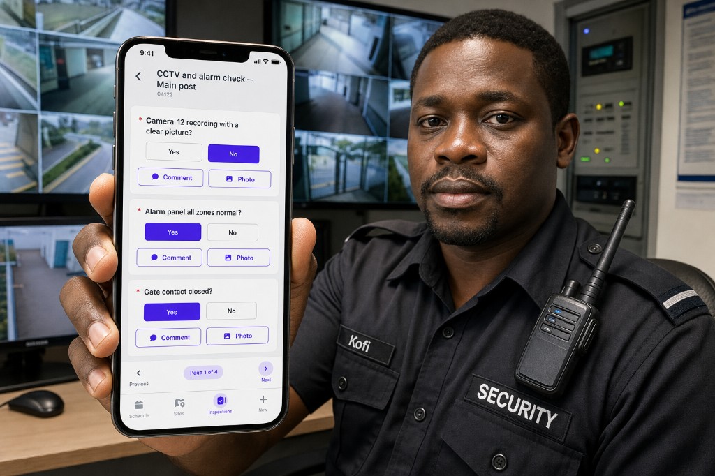Security officer logging a CCTV and alarm check on a phone in the control post