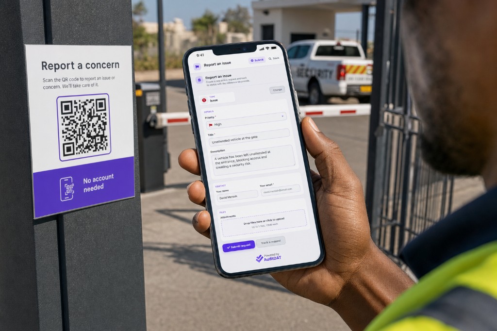 Person reporting a concern from a gate QR on a phone with no AuditDAT account